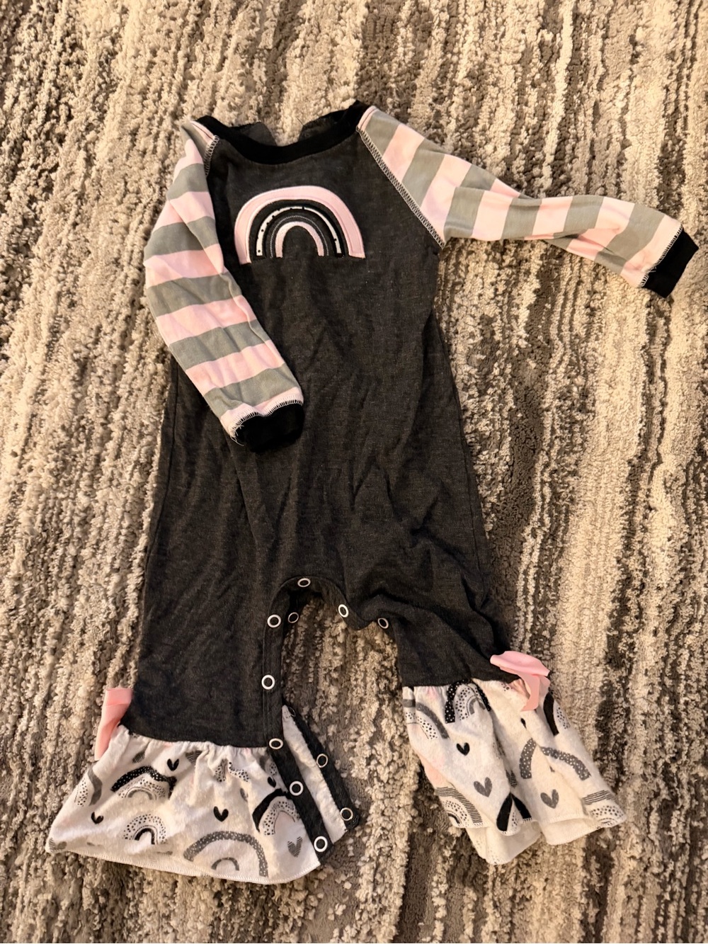 Girls Black Romper with Pink & Gray Rainbow Sleeves